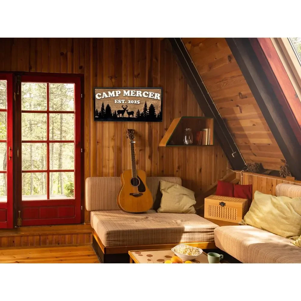 Custom Camp Sign Deer & Trees Personalized Cabin Lake House River Hunting Decor